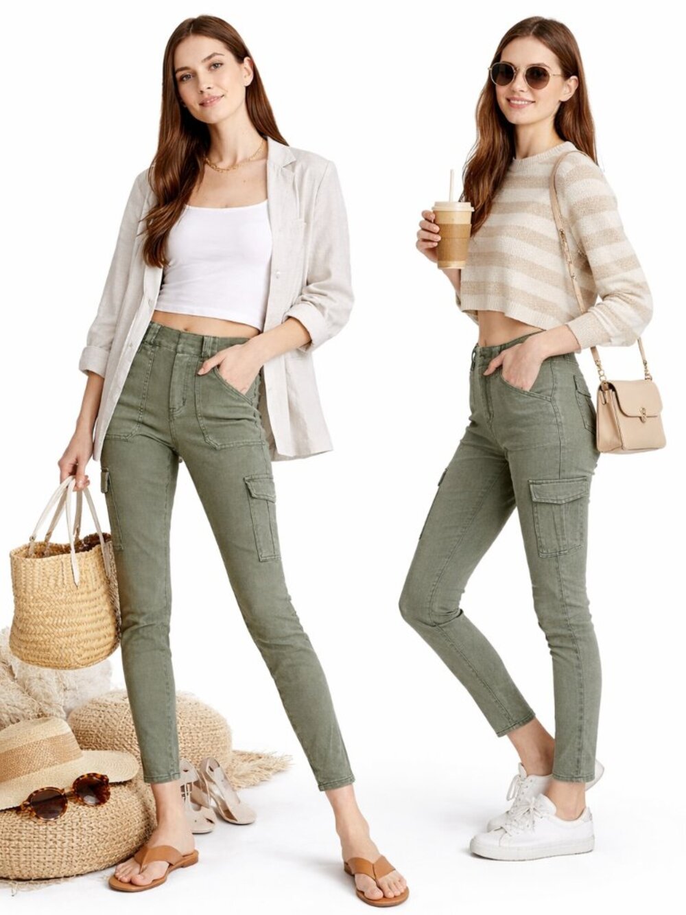 SPANX Stretch Twill Ankle Cargo Pants Olive Green Pull On Slim S